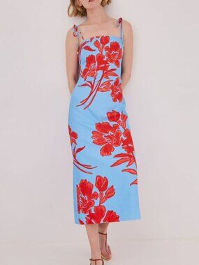 MUST HAVE Cara Cara Chelsea Linen Midi Dress 4/6/8 Flora Shadow Sky Tie Shoulder